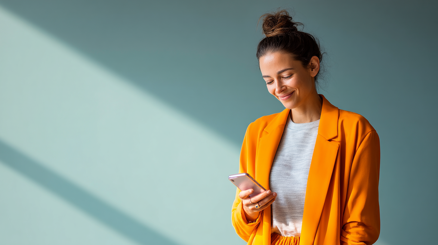 Woman in orange blazer using smartphone.