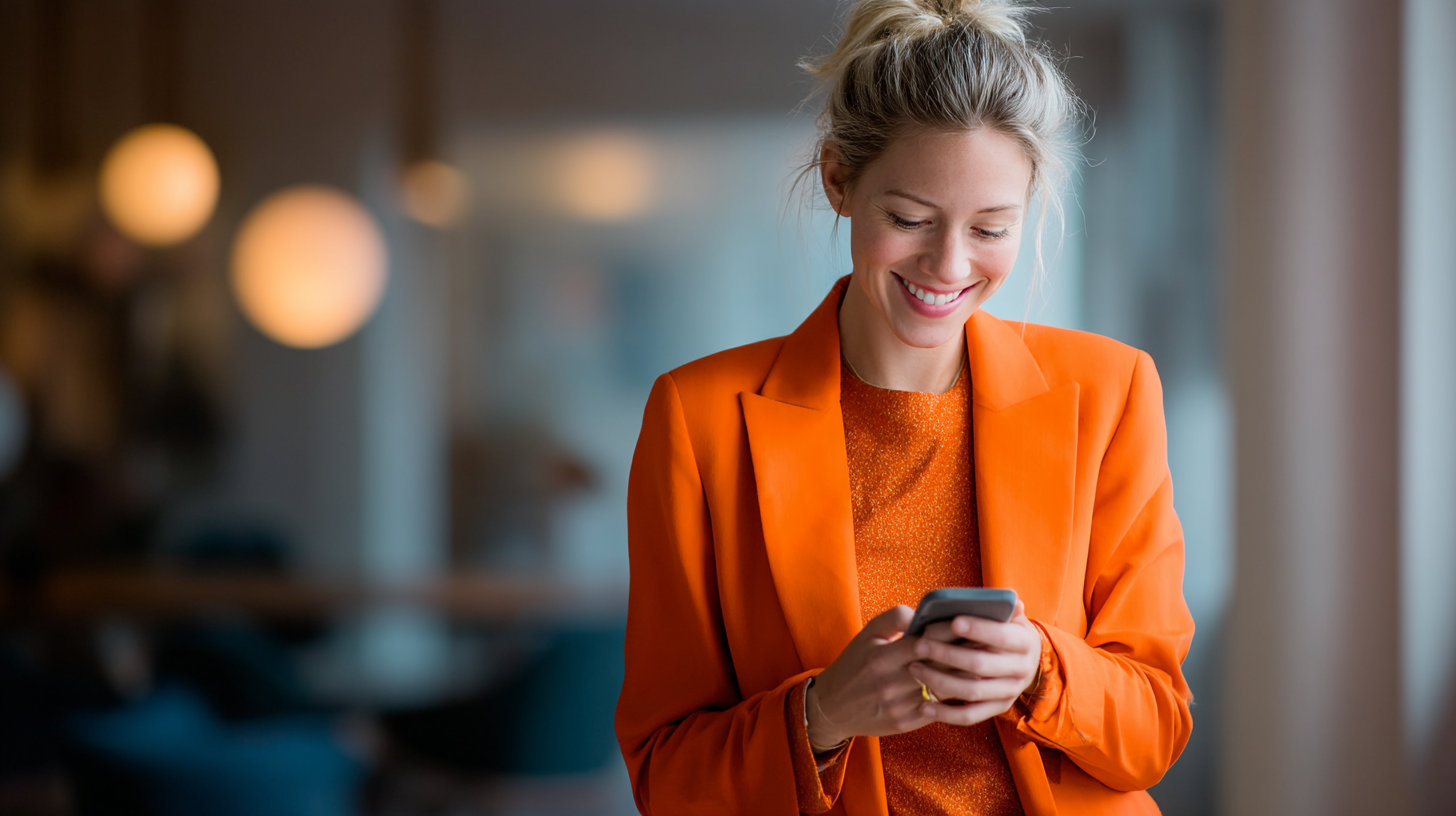 Woman in orange blazer using smartphone.