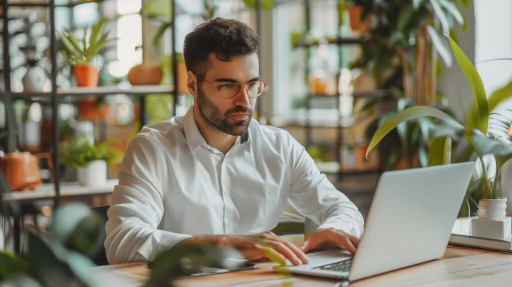 a man in a white shirt and glasses working on a laptop