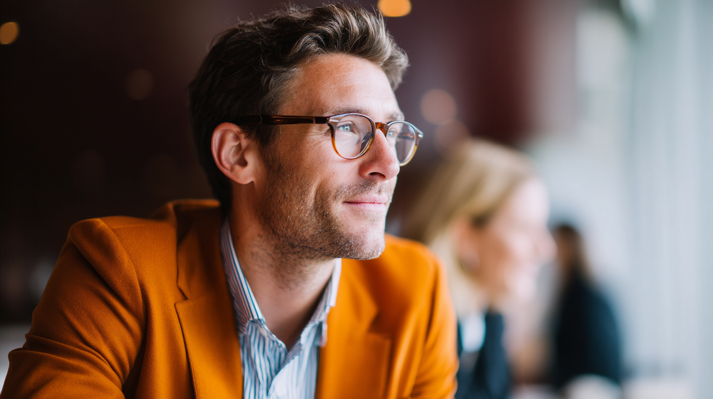 Man in orange jacket, blurred background.