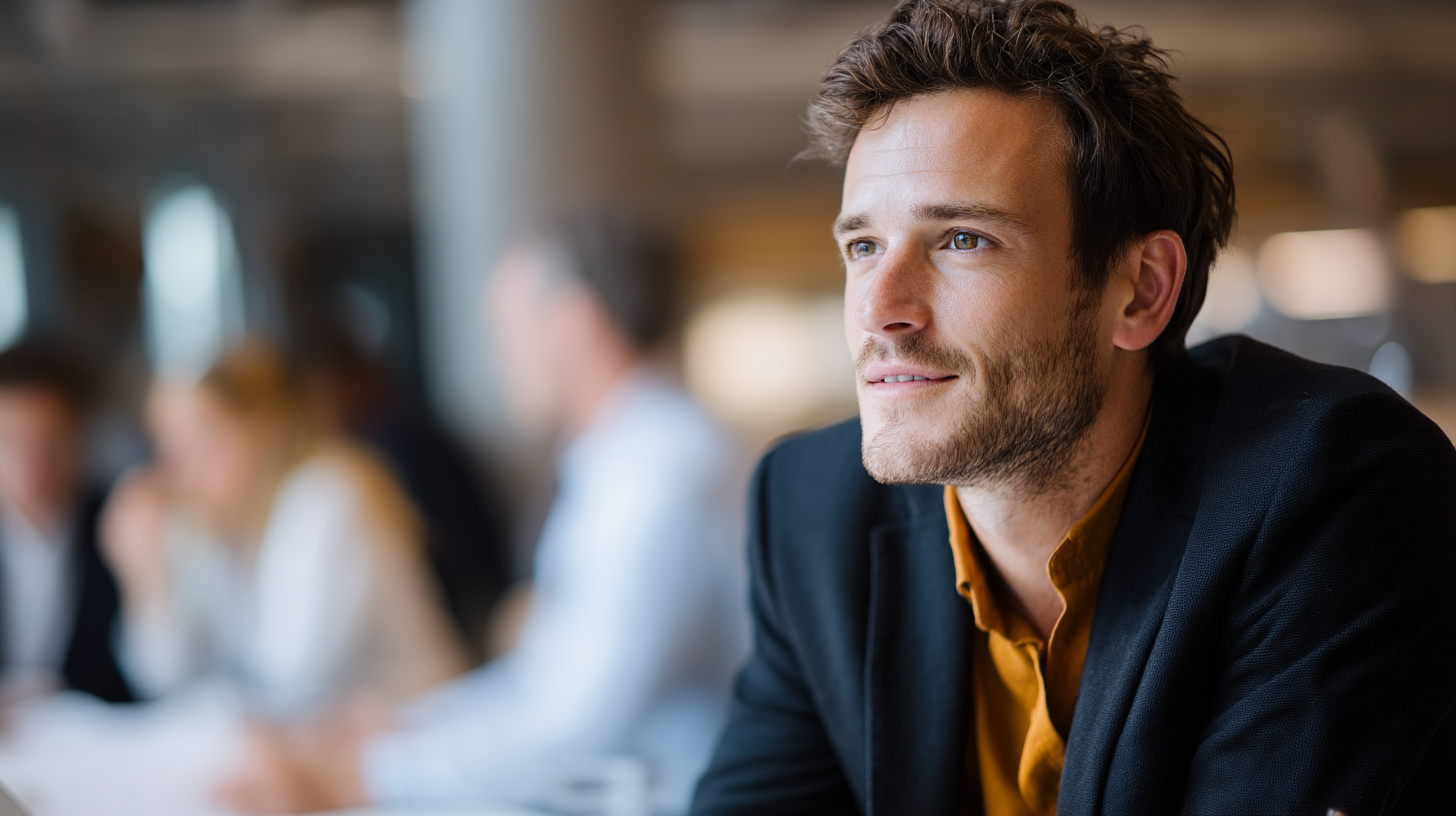 Man in suit at a meeting.