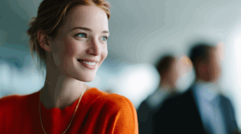 Woman in orange sweater, blurred background.
