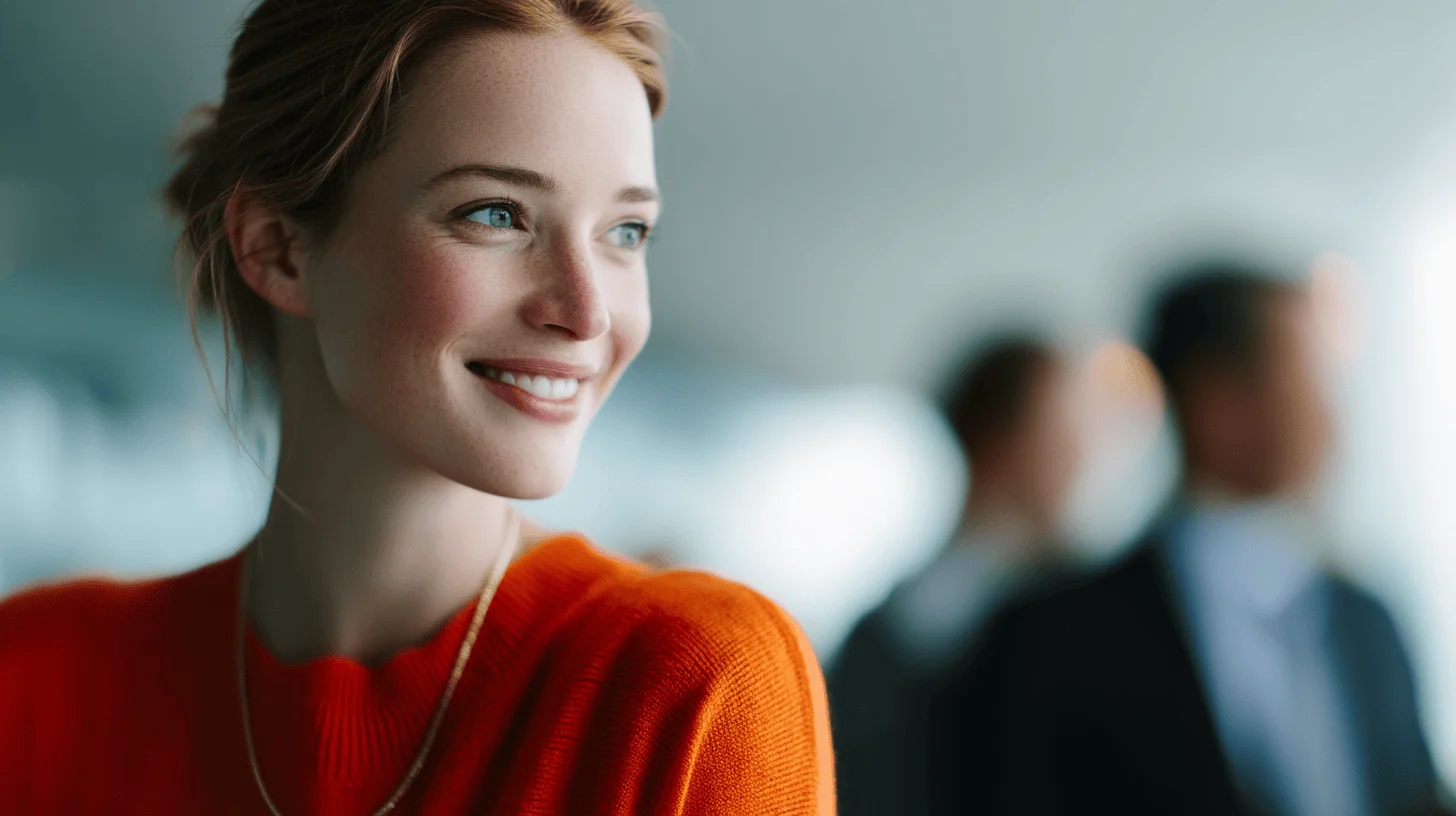 Woman in orange sweater, blurred background.
