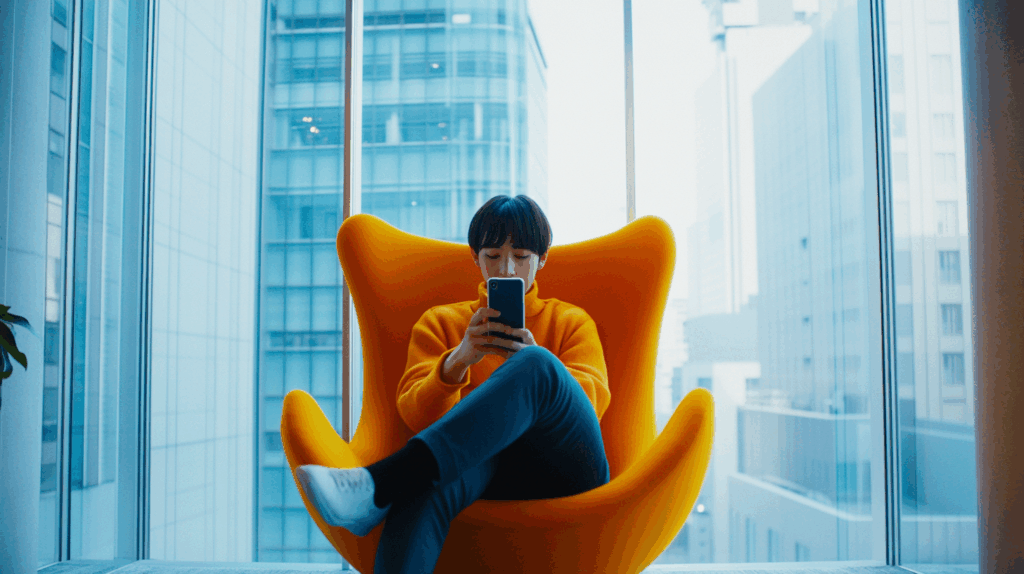 a person sitting in a chair looking at a phone