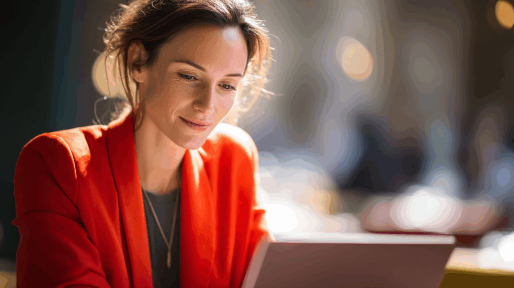 A woman in an orange jacket is looking at her laptop.