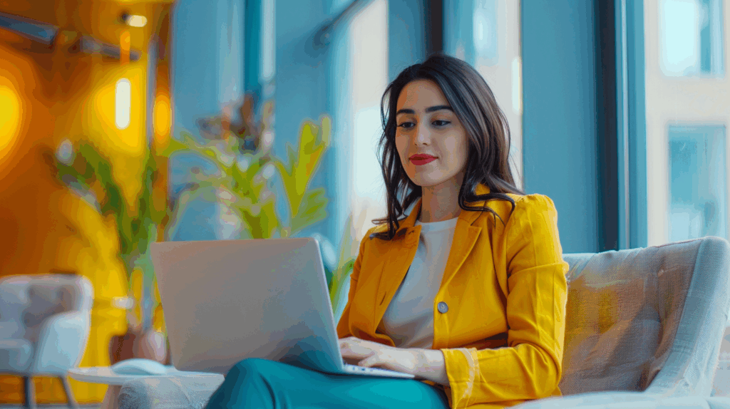 a woman sitting on a couch using a laptop