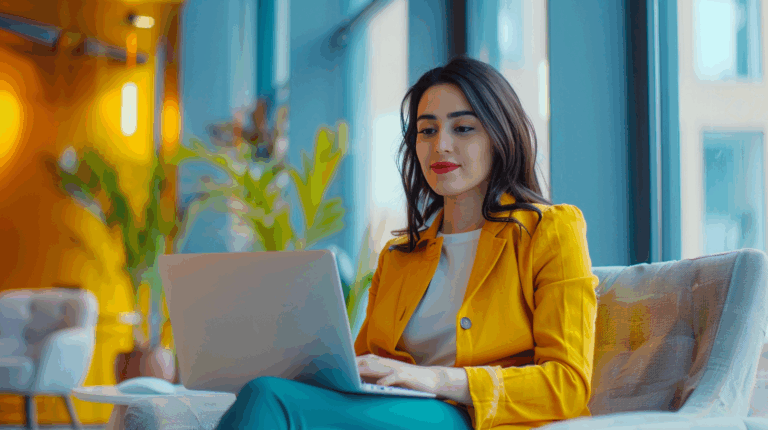a woman sitting on a couch using a laptop