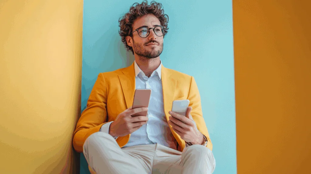 a man in a yellow jacket and glasses holding two phones