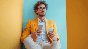 a man in a yellow jacket and glasses holding two phones