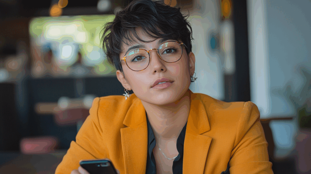 a woman wearing glasses and a yellow jacket