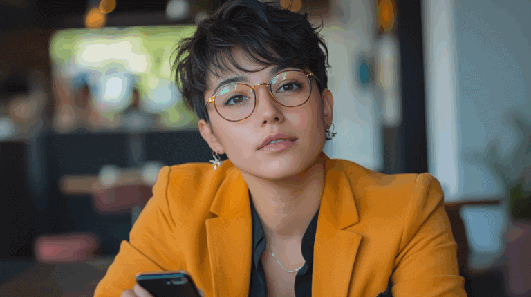a woman wearing glasses and a yellow jacket