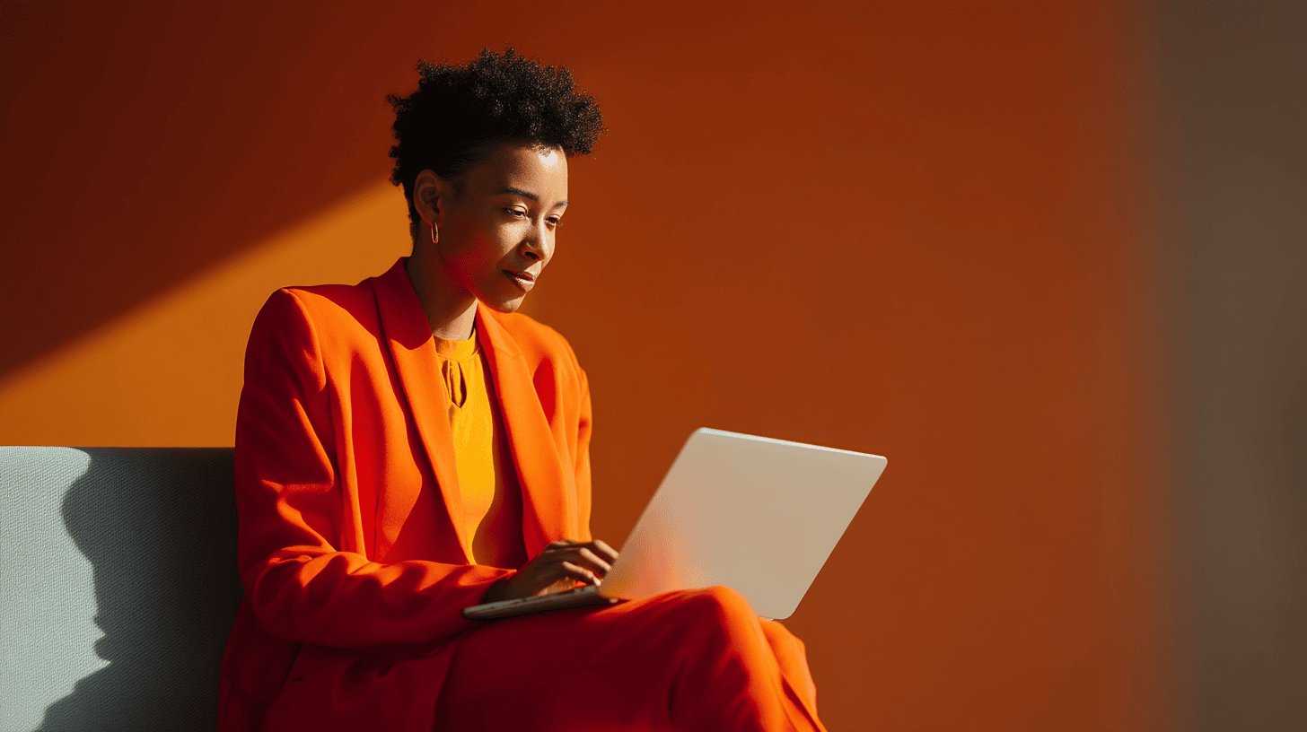 Person in orange suit using laptop.