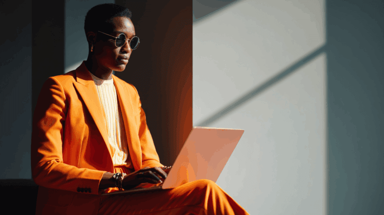 Person in orange suit using laptop.