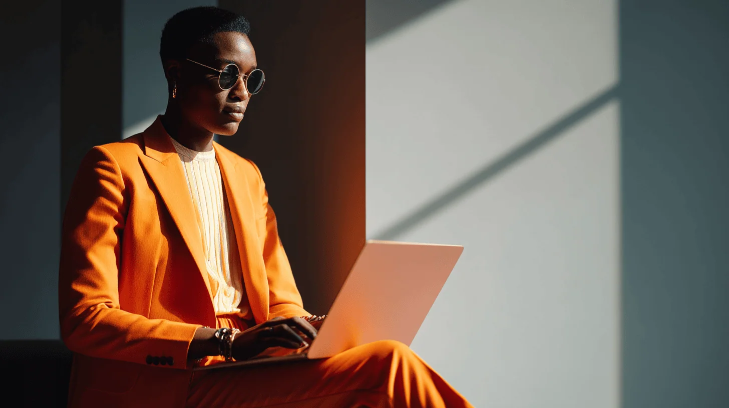 Person in orange suit using laptop.