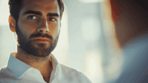 a man looking up with a beard