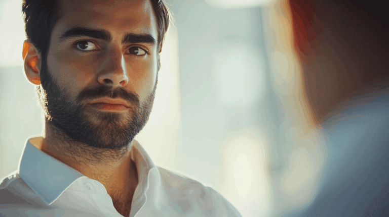 a man looking up with a beard