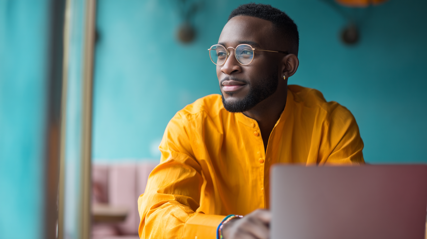 Person working on laptop in café.