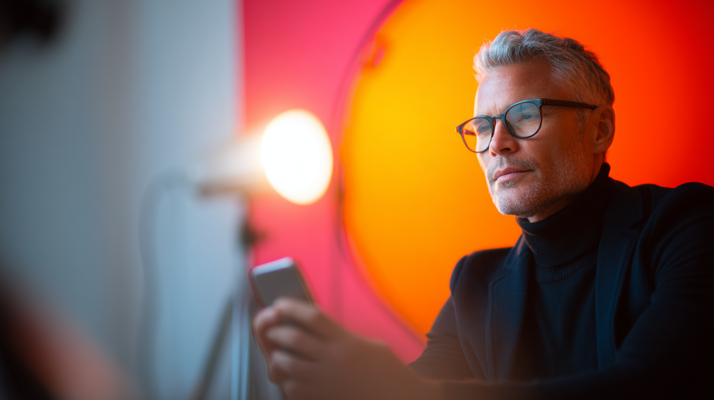 Person using phone in vibrant setting.