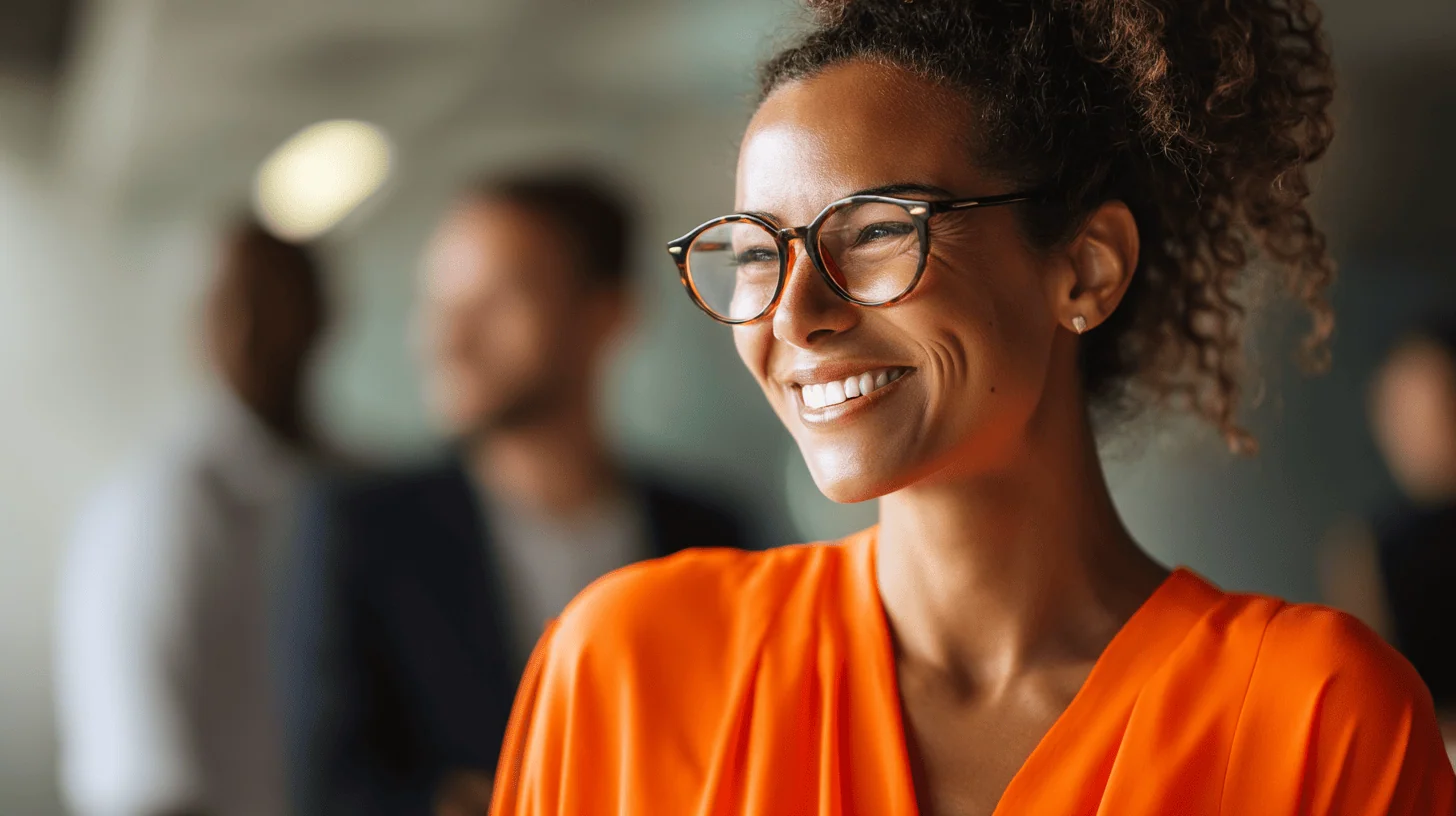 Person in orange top, blurred background.
