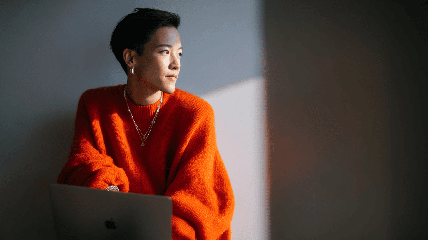 a woman in an orange sweater