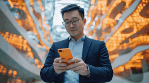 a man in a suit looking at a cellphone