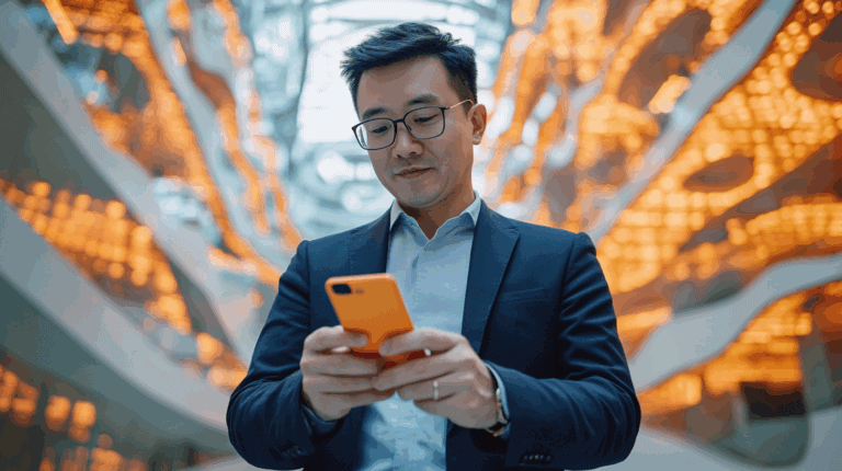 a man in a suit looking at a cellphone