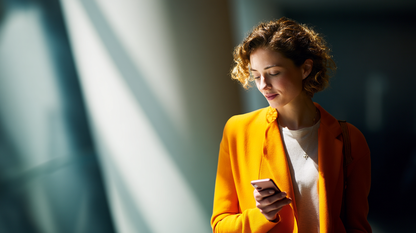 Woman in orange coat using smartphone.