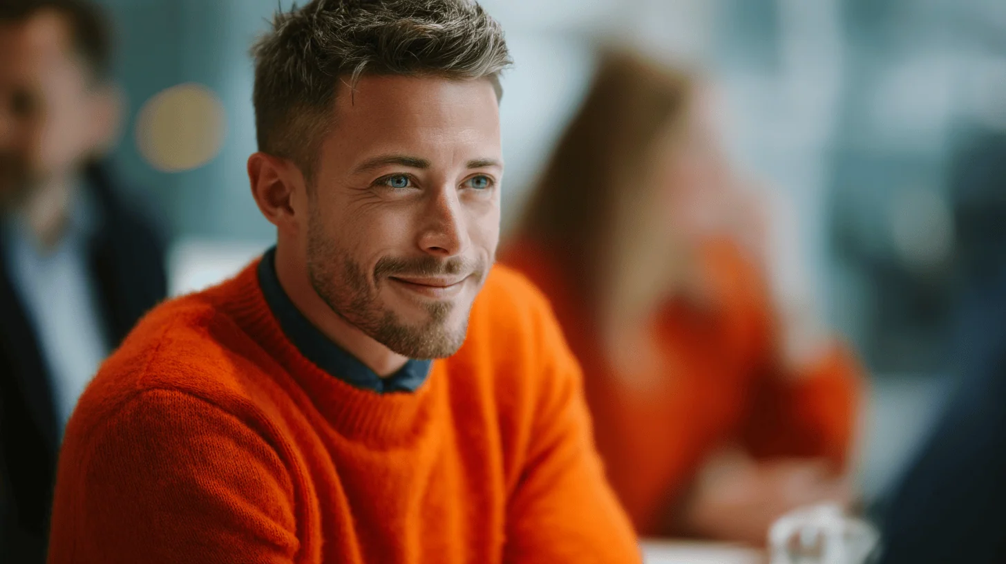 Person in orange sweater, blurred background.