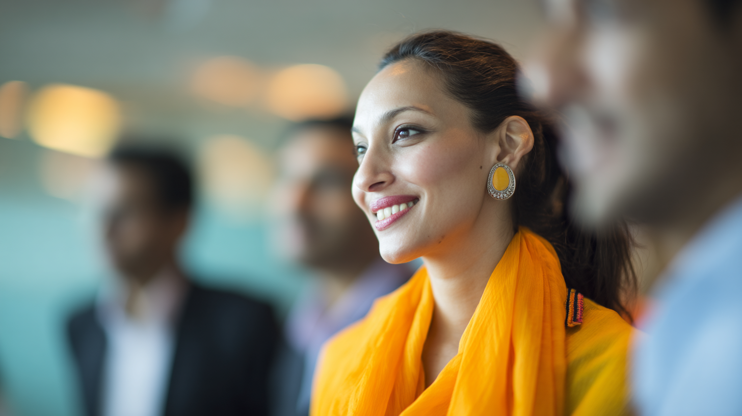 Smiling woman in vibrant orange attire.