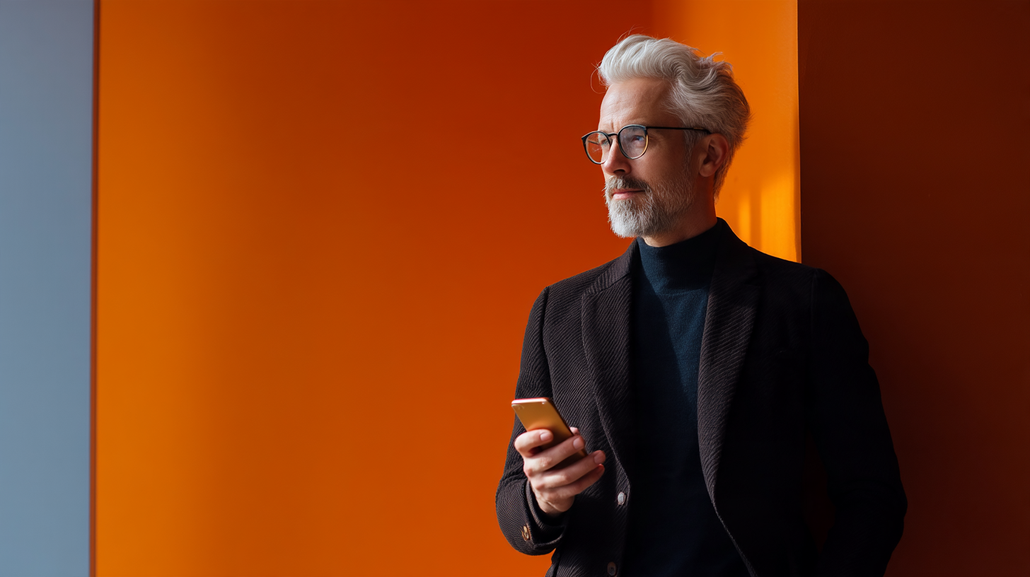 Man with glasses holding smartphone, orange background