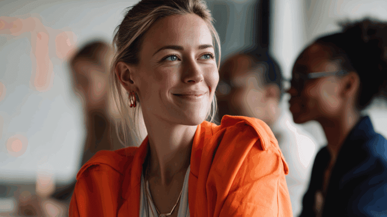 A woman with long, blonde hair smiles gently while wearing an orange jacket and hoop earrings. In the background, a diverse group of individuals is engaged in conversation, creating a lively atmosphere. The setting is bright and modern, emphasizing a sense of positivity and collaboration.