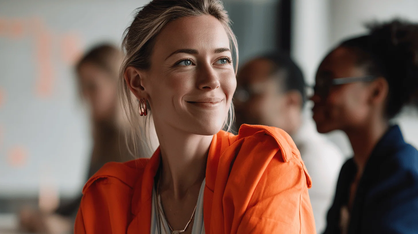A woman with long, blonde hair smiles gently while wearing an orange jacket and hoop earrings. In the background, a diverse group of individuals is engaged in conversation, creating a lively atmosphere. The setting is bright and modern, emphasizing a sense of positivity and collaboration.