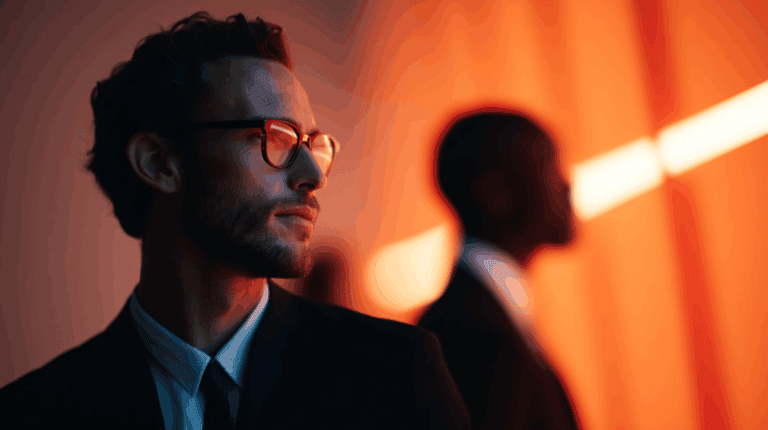 A close-up of a man in a suit with glasses, looking thoughtfully to the side. His expression is contemplative, set against a soft, warm gradient background of orange hues. In the background, a blurred silhouette of another person is visible, adding depth to the scene.