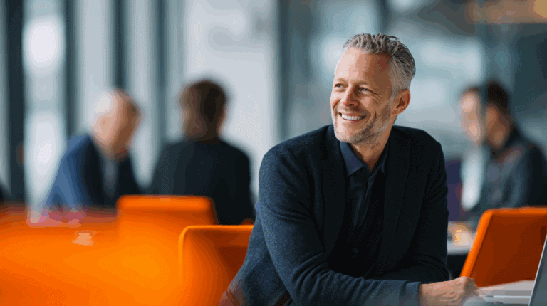 A smiling man with gray hair and a beard is seated at a table in a modern office setting. He wears a dark sweater over a shirt and appears engaged and cheerful. In the background, blurred figures of people are seated, with bright orange chairs adding a pop of color to the environment.