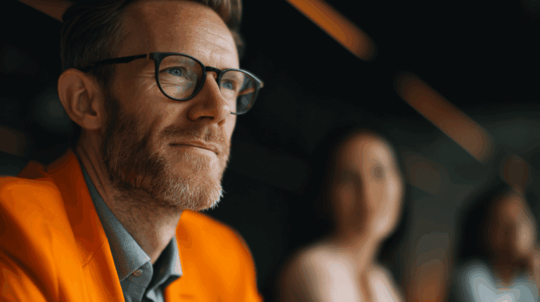 A man with glasses and a well-groomed beard, wearing an orange blazer, is looking thoughtfully to the side. In the background, two blurred figures appear to be engaged in conversation. The setting is modern and stylish, emphasizing a professional or creative atmosphere.