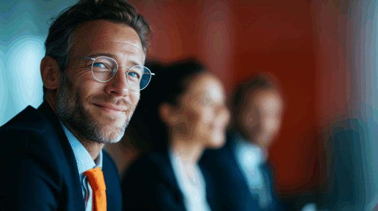 A smiling man with glasses and a light beard sits at a conference table, wearing a dark suit and orange tie. Blurred figures of two colleagues can be seen in the background, creating a professional atmosphere with a softly lit backdrop.