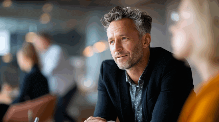 A thoughtful man with grey hair and a beard, dressed in a black jacket over a patterned shirt, sits at a table in a modern office setting. He engages in conversation with another person, slightly out of focus in the background, with warm, ambient lighting illuminating the space.