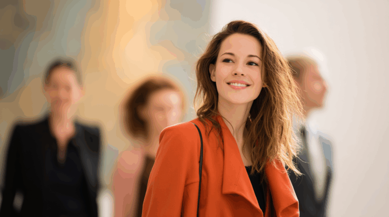 A smiling woman with wavy hair wearing an orange coat stands in the foreground, showcasing a warm expression. Three blurred figures in the background appear to be part of a social gathering or event, contributing to a lively atmosphere. The setting features soft, blurred art on the walls.