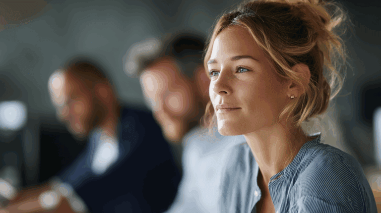 A focused young woman with wavy hair, wearing a striped blue shirt, sits at a desk, appearing thoughtful. In the background, two indistinct male colleagues are partially visible, engaged in work. The setting is bright and modern, suggesting a collaborative office environment.