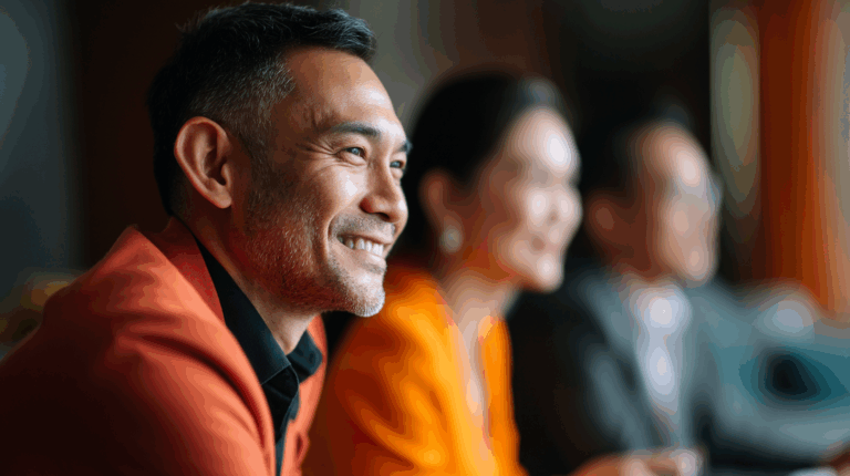 A close-up of a smiling man in an orange blazer, with blurred figures of two people seated nearby. The background is softly focused, suggesting a warm, professional setting. The man appears engaged and friendly, contributing to a positive atmosphere.
