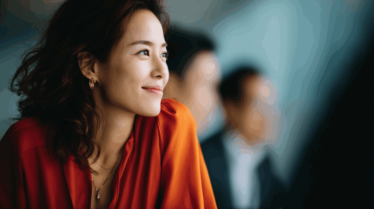 A woman with wavy, shoulder-length hair smiles gently, wearing a vibrant red blouse and gold jewelry. She is gazing thoughtfully into the distance, with a soft focus on two blurred figures behind her, suggesting a professional or social setting. The background features a modern, light-colored interior.