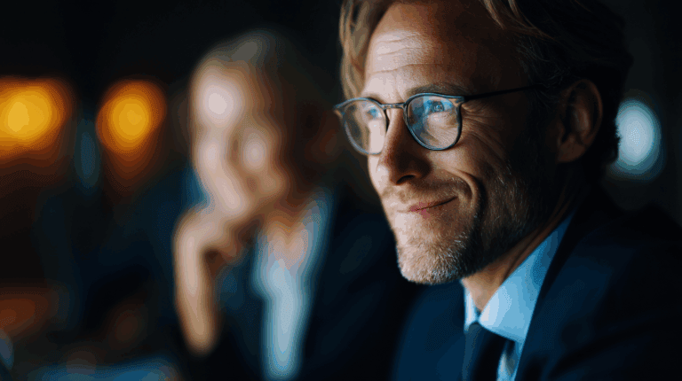 A close-up of a smiling man with glasses, wearing a dark suit, while seated at a table. A blurred woman is visible in the background. The setting is dimly lit, with soft bokeh lights creating an atmospheric backdrop. The man appears engaged and relaxed, suggesting a professional environment.