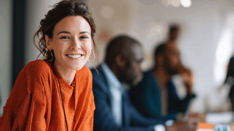 A smiling woman with wavy brown hair wears an orange sweater and hoop earrings, sitting at a table. In the background, blurred figures of two men are engaged in conversation, adding to a relaxed, collaborative atmosphere. The setting suggests a modern workspace or casual meeting space.