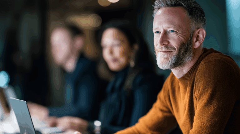A group of professionals engages in a meeting at a modern workspace. The focus is on a man with a beard and a warm sweater, smiling thoughtfully. Two other individuals are partially visible in the background, surrounded by laptops, suggesting a collaborative environment. Soft lighting enhances the atmosphere.