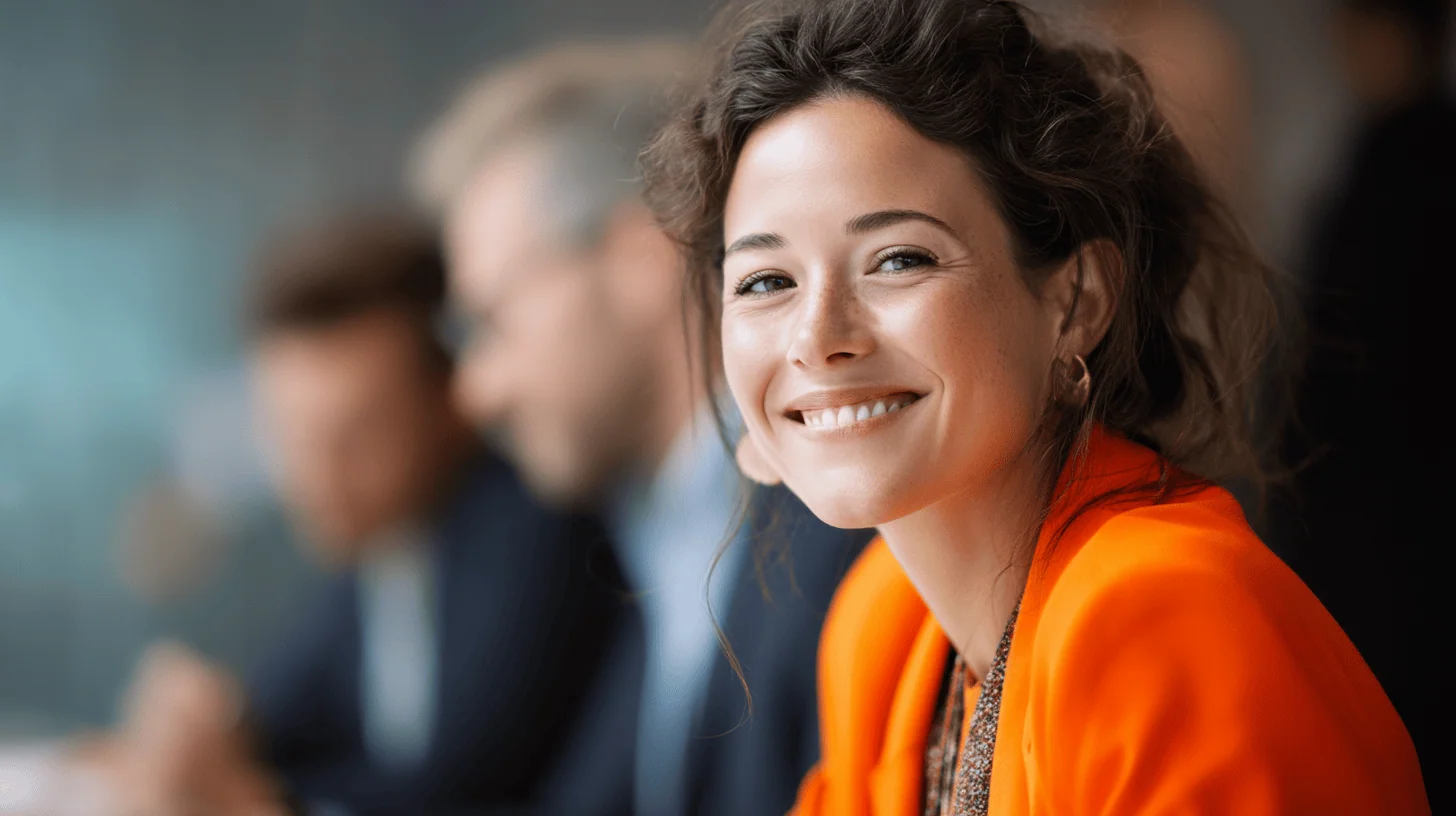 A woman with curly hair smiles warmly, wearing a bright orange blazer. She sits at a table with blurred colleagues in the background, conveying a sense of confidence and positivity. The setting appears professional, suggesting a collaborative or business environment.
