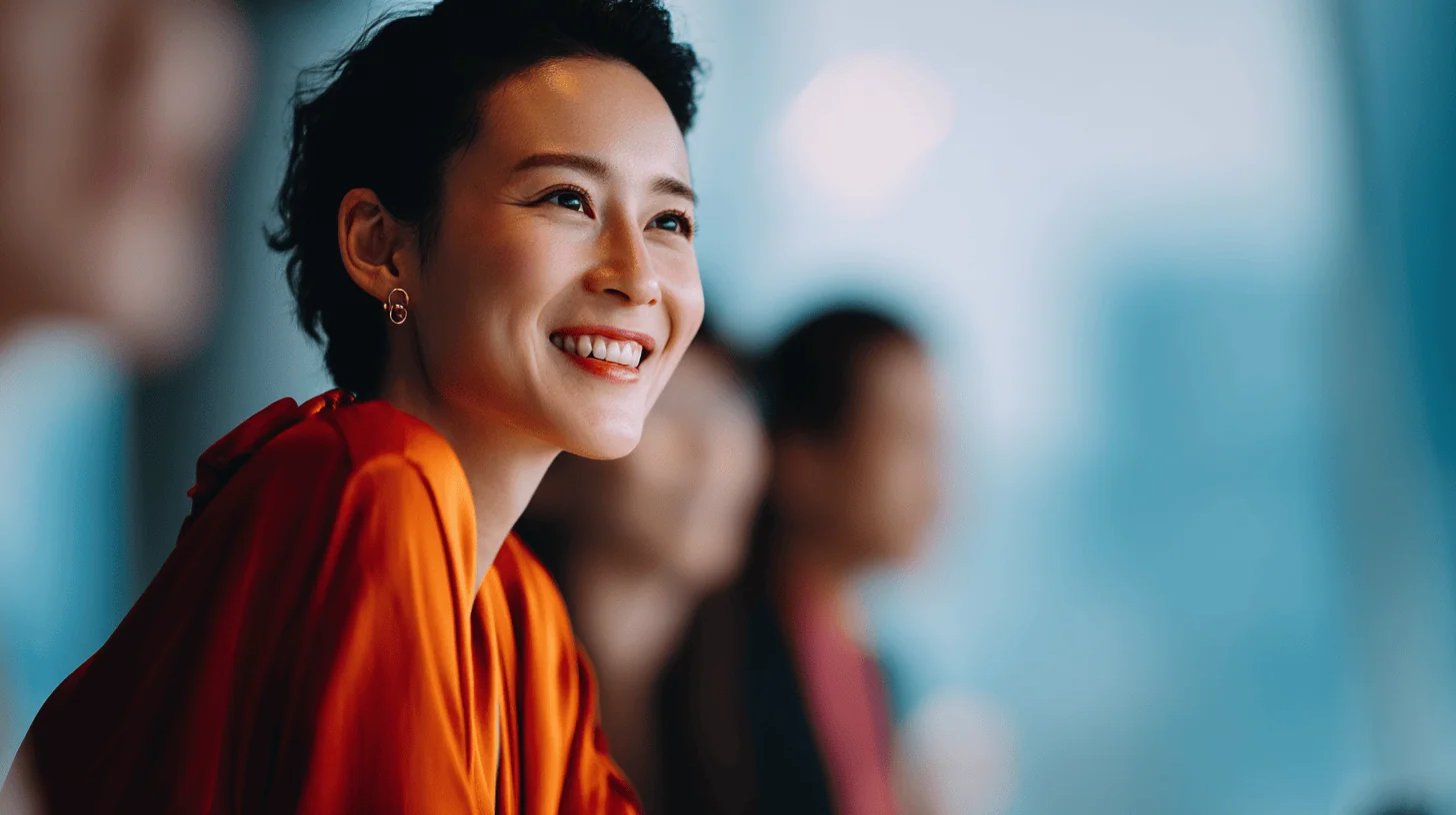 A woman with short, dark hair smiles brightly while wearing an orange blouse. In the background, out-of-focus figures suggest a social gathering or event. The atmosphere appears cheerful and engaging, highlighted by soft lighting and a modern setting.