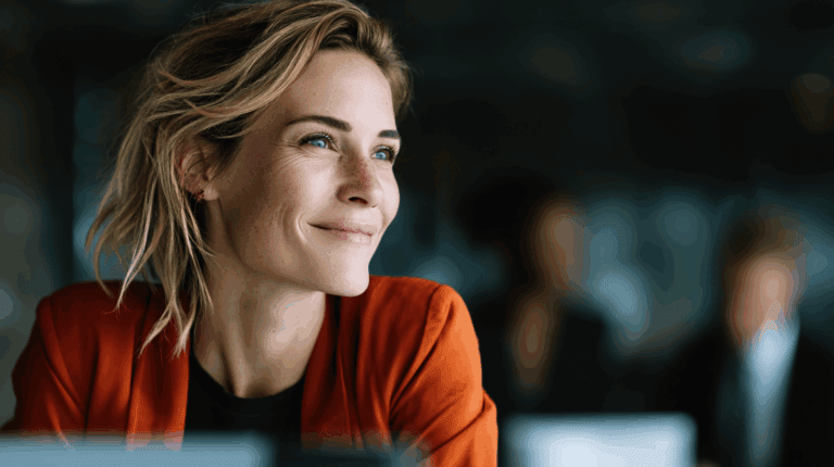 A smiling woman with blonde hair, wearing an orange blazer and a black top, looks thoughtfully to the side. Background figures are blurred, suggesting a professional or collaborative environment. The image conveys a sense of positivity and engagement.