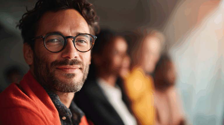 Close-up of a smiling man with a beard and glasses, wearing an orange sweater. In the background, out-of-focus silhouettes of other people are visible, creating a warm and inviting atmosphere. The scene is brightly lit, suggesting a positive and engaging environment.