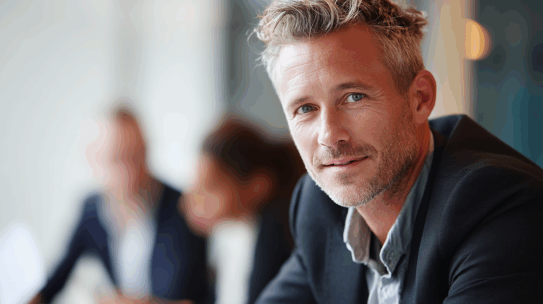 Portrait of a smiling man with short, tousled hair and a beard, wearing a dark blazer over a light shirt. He is seated at a table, looking directly at the camera with a confident expression. Blurred figures of people in the background indicate a professional or social setting.