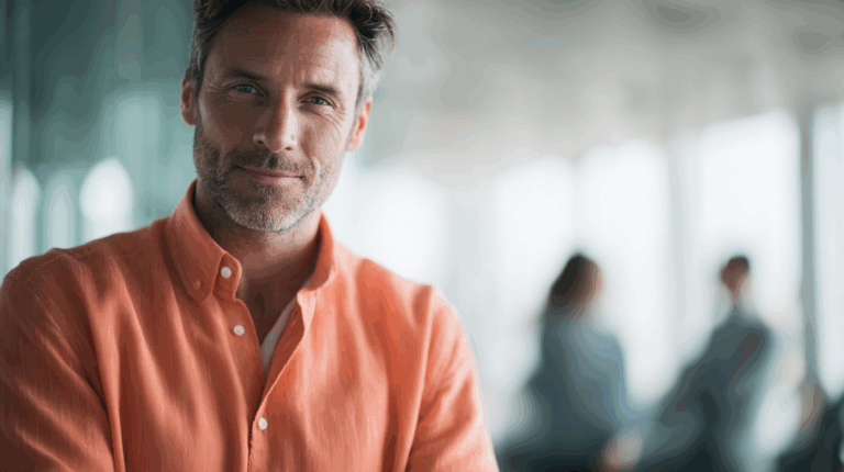 A man with a beard smiles warmly while wearing an orange shirt, standing in a well-lit environment with modern decor. In the background, two blurred figures engaged in conversation create a professional atmosphere. The focus is on the man's friendly expression.